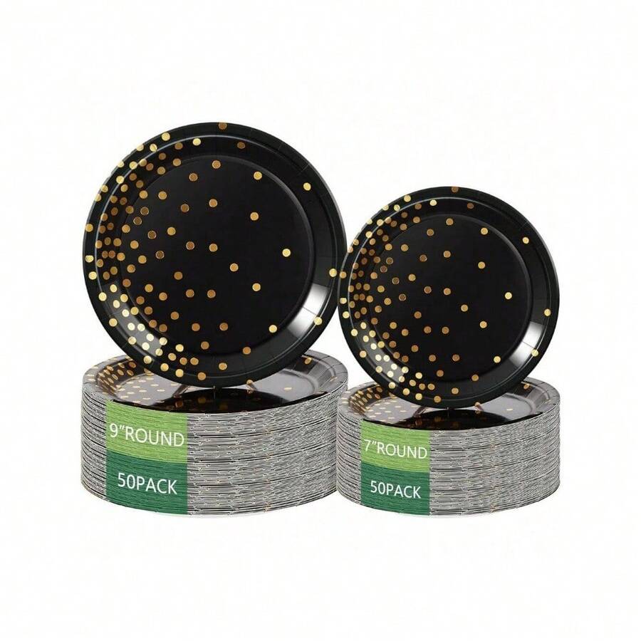 Round Disposable Paper Plates For All Occasions - 100 Pack - 50 X 9" And 50 X 7" Dinner Plates, Golden Foil Polka Dots , White And Gold Party Supplies - black gold 2 - View 1