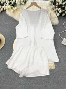 1Set Solid Color Casual Knotted 2 Pieces Women Outfit, Beachwear & Homewear, Spring/Summer