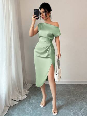 abyoxi 鼠尾草绿色优雅不对称颈腰手工褶皱性感缎面优雅连衣裙，适合约会、生日派对、婚礼、返校节和返校，新款女士连衣裙