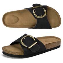 Women Sandals Summer Slip On Cork Footbed Adjustable Buckle Casual Comfort - 黑色 - 查看 7