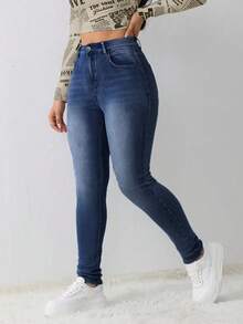 Jeans Skinny de Cintura Alta para Mujer, Tono Azul Claro con Efecto Desgastado, Estilo Moderno y Ajustado - 2-azul - Ver 3