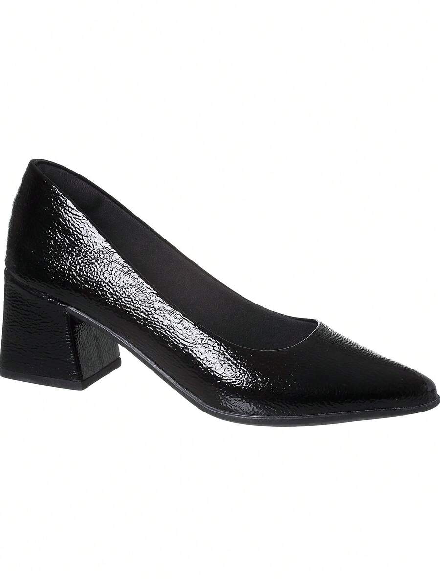 Women's Wet Patent Leather Pumps Casual Dress Shoes Low Square Thick Heel - 黑色 - 查看 1