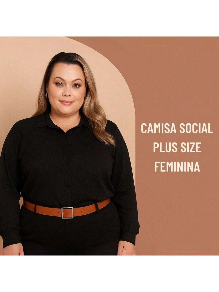 Camisa Social Plus Size Feminina Manga Longa com botão e Colarinho - Preto - Visão 1