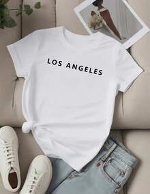 Camiseta Gráfica Elástica de Mujer con Diseño de Los Ángeles - Camiseta Casual de Manga Corta y Cuello Redondo, Mezcla Suave de Poliéster, Ajuste Holgado para Atuendo Casual, Camiseta Diaria - Blanco - Ver 1