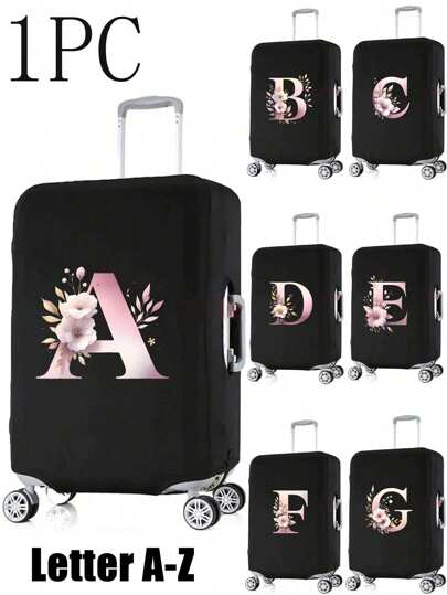 Letter A To Z Pink Floral Alphabet Luggage Cover, Strong Stretch Luggage Cover, Luggage Cover, Luggage Dust Cover, Storage Luggage Cover, Trolley Case, Luggage Cover For 18-32 Inch Luggage, Travel Organizer, Vacation Travel Essentials, Travel Accessories Bag For School School Accessories School Stuff