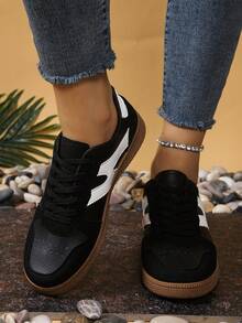 Women's Multi-Function Fashion Casual Shoes, Flat, Non-Slip, Lace-Up, Round Toe, Rubber Sole, Black, Casual, Vintage, Sneakers - Black - View 3