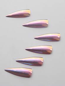 24 件新款长尖全息光泽指甲贴，简约时尚按压式指甲套装，适合时尚女性，包括 1 个指甲锉和 1 个果冻指甲胶美甲用品 - 粉色 - 查看 5