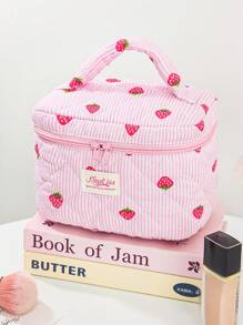1 Piece Pink And White Color Matching Cosmetic Bag With Strawberry Pattern, Multifunctional Cosmetic Storage Bag Portable Cosmetic Brush Clutch With Zipper Closure, Ready For Lipstick, Brush, Skincare, Storage Box, Jewelry Storage Box, Lip Gloss Storage Box, Nail Polish Storage Box Cosmetic Bag, Holiday Essential Cosmetic Bag