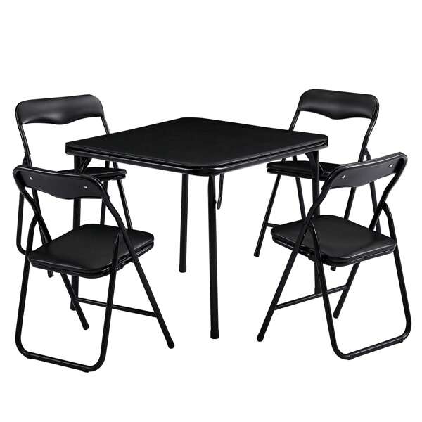 VECELO Foldable Kids Game Table Set With 2/4 Soft Padded Chairs, Metal Frame Plastic Top Chess & Card Table For Indoor/Outdoor, Light Blue/Black