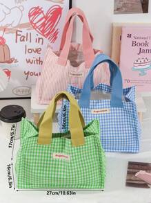 1 pieza Bolsa de almuerzo de color fresco con cuadrícula, caja de almuerzo reutilizable con asa, bolsa de almuerzo con gran capacidad para campamento, senderismo, salidas de primavera, picnics, bolsa portátil de almacenamiento de alimentos, bolsa de almuerzo linda para mujer, maestro, estudiante, trabajador de oficina