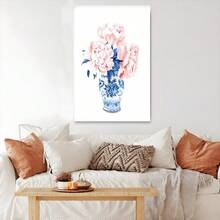 1pc Framed Canvas Wall Art, Pink Peony, Blue And White Porcelain Vase, Watercolor Style Art Print Canvas Poster Painting Wall Decor, Ideal Gift For Bedroom Living Room Hallway Dorm, Ready To Hang - Multicolor - View 6