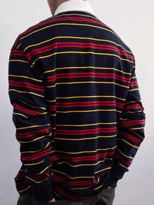 Men's Skin-Friendly Comfortable Contrast Striped Drop Shoulder Long Sleeve Casual Daily Commute Versatile Polo Shirt, Suitable For Autumn/Winter - Multicolor - View 2