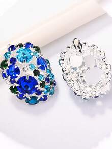 Rhinestone Encrusted Oversize Round Clip-On Earrings, Dramatic Bling Jewelry Accessories - Blue - View 3