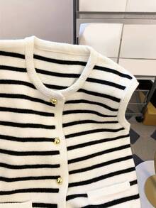 New Spring/Summer Women Sleeveless Striped Vest Casual Layering Metal Button Cardigan Tank Top - White - View 5