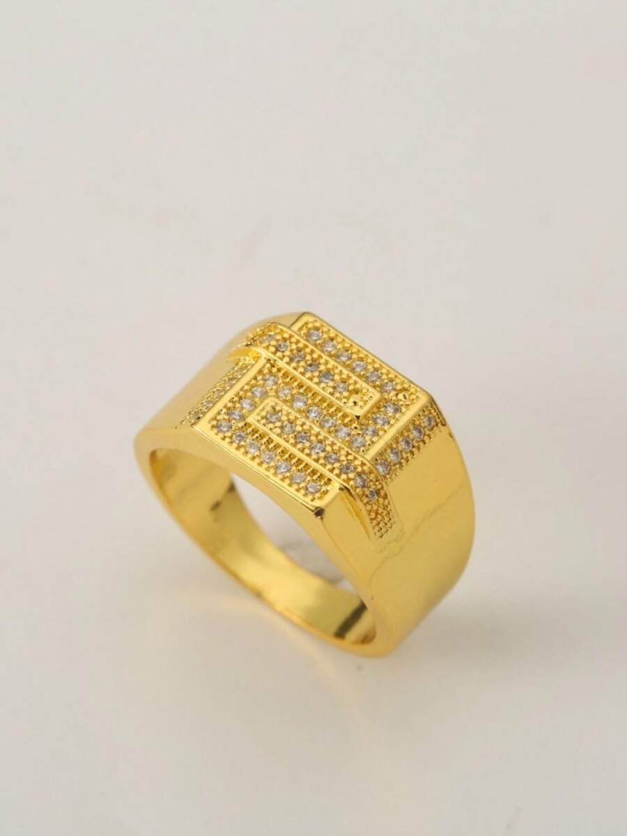 Plus Size Men's Fashionable Square Ring, Gold-Color Copper Base Inlaid With Synthetic White Cubic Zirconia, Suitable For Business Success Professionals - Gold - View 1