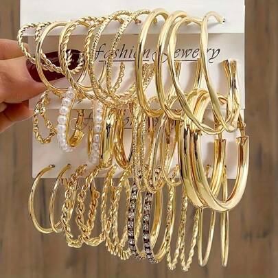 36/12pcs Set Women Fashion Hoop Faux Pearl Earrings, Elegant Geometric Twist Design Earrings For Daily Wear & Party Gift