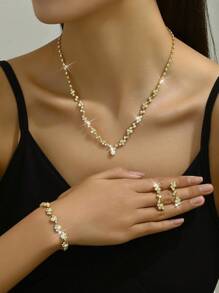 4 pièces/set Ensemble de bijoux de mariée élégant et haut de gamme comprenant un collier, des boucles d'oreilles et un bracelet. Convient pour le mariage, l'anniversaire, les soirées et les accessoires de robe