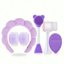 6pcs/Set Pink Face Cleansing Tool Kit, Include Headband, Waterproof Wristband, Face Cleansing Brushes, Makeup Remover