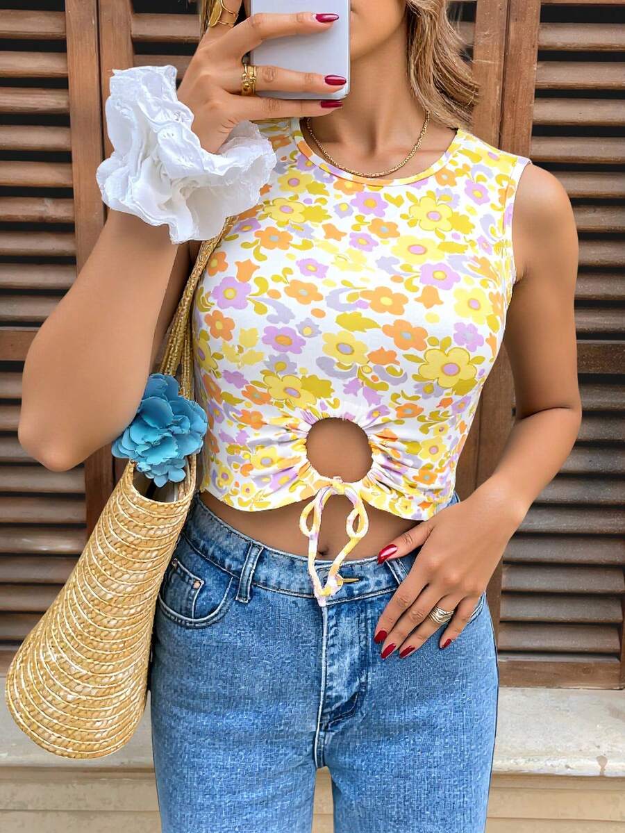 Top dama mujer sin mangas estampado floral cuello redondo tank top detale jaretas frontal groovy - Amarillo - Ver 1