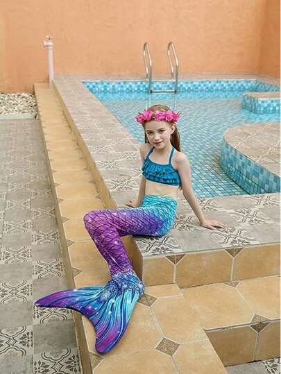 3PC Girls Mermaid Tails With Bikini Swimming Swimsuit Fish Scale Print Mermaid Dress Up Gift For Girls Kids 3-11Years