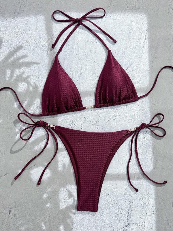 2pcs Set - Solid Color Pearl Decor Halter Top Bra & Tie-Back Cheeky Bikini Bottoms, Sexy Open Back