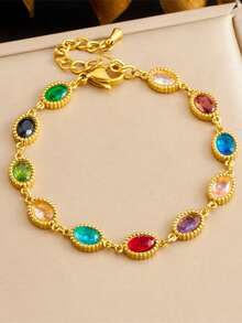 1pc Geometric Pattern Colorful Gemstone Teardrop, Oval, Square Decor Chain Stainless Steel Bracelet For Women - Geometry - View 3