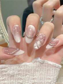 10pcs Rhombus French Pearl Pink Cat Eye Bow Handmade Nails Acrylic Press On Nails Spring Summer Nails Glitter Rhinestone Decoration Short Coffin/Extra Long Oval French Fake Nails Full Cover Nail Tips With Jelly Glue And Nail File, DIY Nail Art Supplies