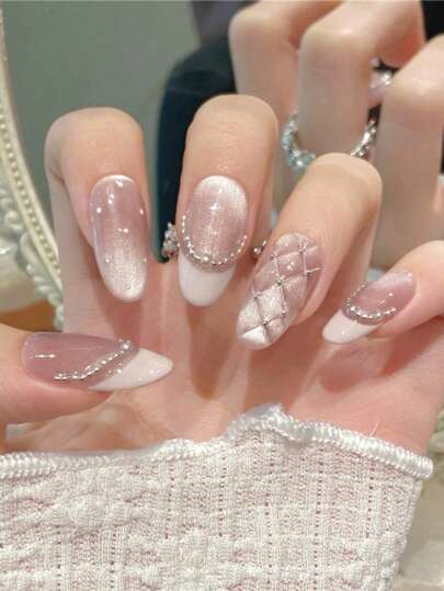 10pcs Rhombus French Pearl Pink Cat Eye Bow Handmade Nails Acrylic Press On Nails Spring Summer Nails Glitter Rhinestone Decoration Short Coffin/Extra Long Oval French Fake Nails Full Cover Nail Tips With Jelly Glue And Nail File, DIY Nail Art Supplies