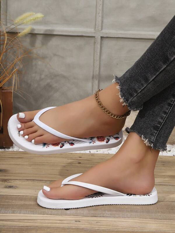 Sandales plates pour femmes avec appliqué floral bohème rétro, tongs décontractées pour intérieur, plage, printemps et été