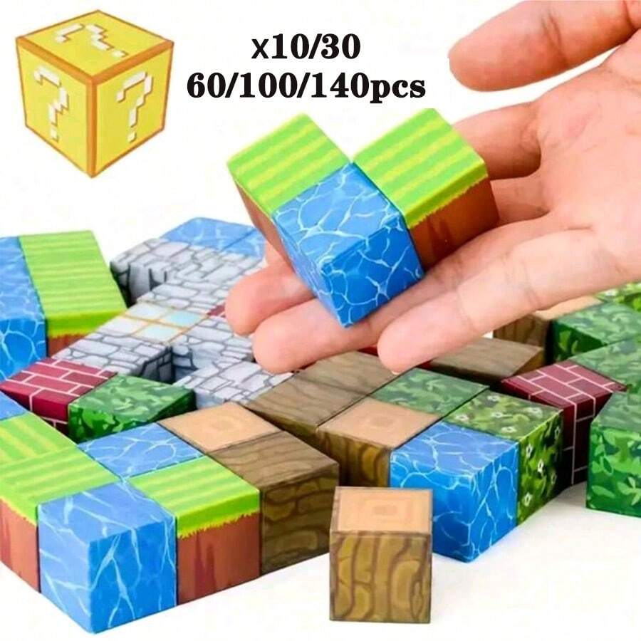 10 片/30 片/60 片/100 片/140 片磁性积木套装 - 儿童 STEM 感官立方体，创造采矿磁铁世界，生日礼物玩具（颜色、图案、款式、休闲发型）