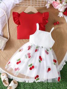 2pcs Baby Girls Summer Outfit Set: Ruffle Cap Sleeve Shirt And Sleeveless Strawberry Print Butterfly Tulle Skirt,Casual & Cute For Outdoor