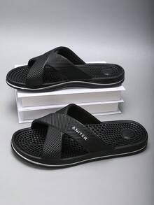 Men's Massage Slippers, Minimalist Solid Color Slip-On Sandals, Comfortable House Slippers, Bathroom Slides, Outdoor Beach Shoes, Plus Size - Black - View 4