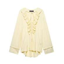 MUMRAP Women Fashion Solid V Neck Ruffles Shirts Summer Lace Up Loose Long Sleeve Blouse - Màu vàng - Xem 9