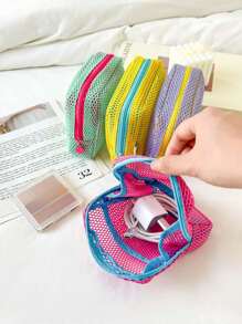 1pc Dopamine Color Mesh Data Cable Storage Bag, Portable Handheld Wired Earphone Power Charger Lipstick Bag, Pink/Purple/Blue Small Travel Storage Bag, Travel Essentials, Travel Accessories, Mobile Phone Storage Bag Cable Organizer