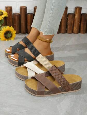 1 Pair Women's Summer Comfortable Retro Thick-Soled Casual Open Toe Flat Sandals, Solid Color, Suitable For Daily Wear, Outdoor Street Style, Fashion Versatile Campus Style, Black Beach Shoes