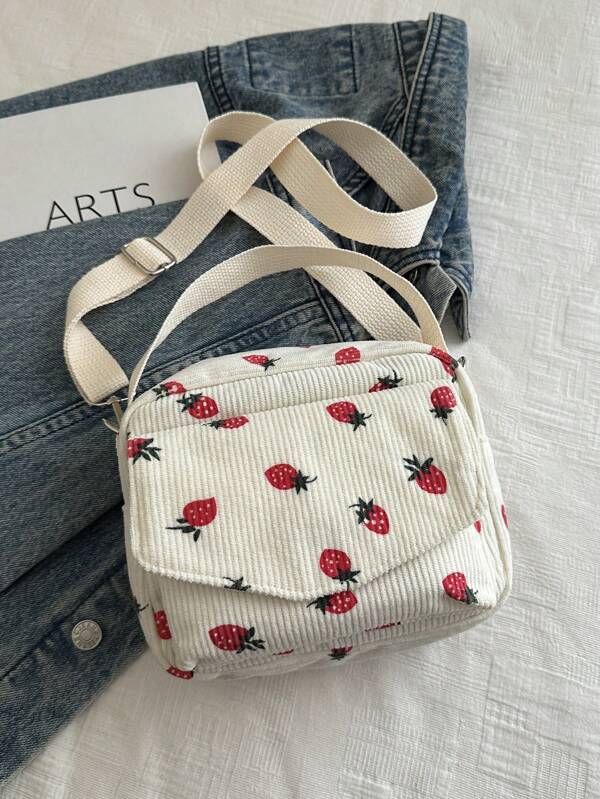 1 pieza Bolso de hombro/bolso de mano de lona de doble uso con diseño lindo de fresa de dibujos animados para mujeres, material de pana, solapa con cierre de cremallera, monedero pequeño
