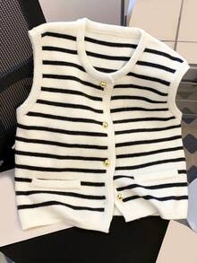New Spring/Summer Women Sleeveless Striped Vest Casual Layering Metal Button Cardigan Tank Top