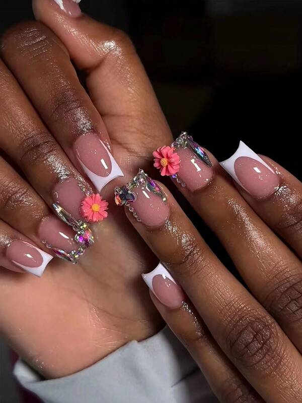 Set de 24 uñas postizas cuadradas cortas con efecto degradado blanco francés, decoradas con crisantemos 3D coloridos, de estilo minimalista y elegante, adecuadas para citas, uso diario, ir al trabajo, casual, escuela, vacaciones, playa, reutilizables