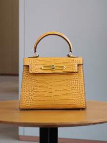 Bolso de moda para mujer de alta gama 2025, bolso de hombro/cruzado de lujo minimalista cuadrado, versátil para la oficina, de patrón de piel de cocodrilo amarillo retro y platino
