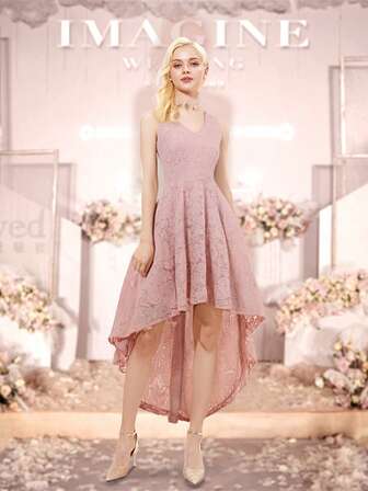 Women's  Cocktail V Neck Dress Floral Lace High-Low Formal Swing Party Dress