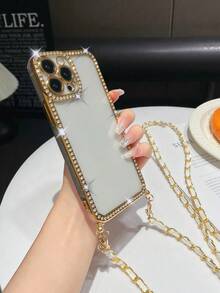 1pc Shoulder Strap Rhinestone TPU Phone Case Compatible With IPhone, Protective Cover Waterproof Shockproof Anti-Fall Scratch Resistant - Gold - View 24