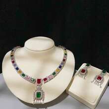 Conjunto de joyería para mujer, Collar de piedras preciosas de colores y conjunto de aretes, Cobre con circonia cúbica AAA, Conjunto de accesorios de moda de vestido de noche nupcial elegante y exagerado