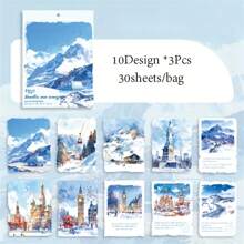 30 Sheets/Pack Self-Adhesive White Matte Finish Rectangular Disposable Office And Study Supplies, Travel Theme Paper