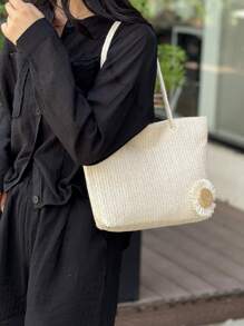 Bolso de playa de paja tejida con estampado floral, bolso de hombro casual y de moda para niñas