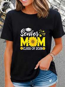 100% Cotton Class Of 2026 Proud Mom Of 2026 Senior Sunflower Graduation T-Shirt Casual Short Sleeve Shirt - Black - View 1