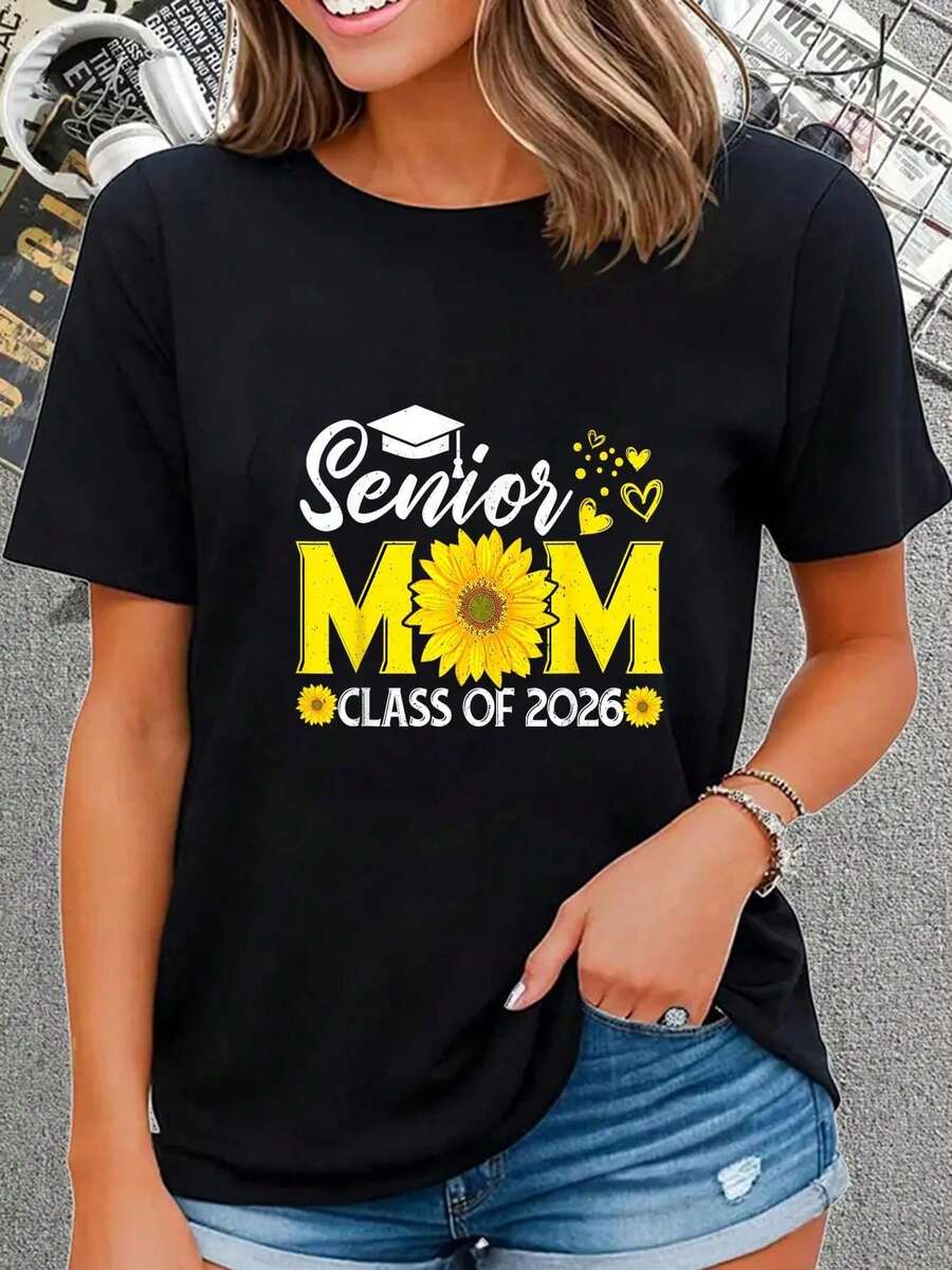100% Cotton Class Of 2026 Proud Mom Of 2026 Senior Sunflower Graduation T-Shirt Casual Short Sleeve Shirt - Black - View 1