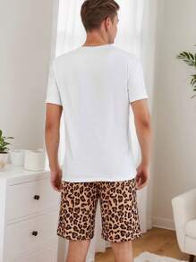 2pcs Men & Women Matching Sleepwear Set: Thin Round Neck Short Sleeve Shirt With Heart & Leopard Print + Shorts, Casual & Comfortable Lounge Set For Summer