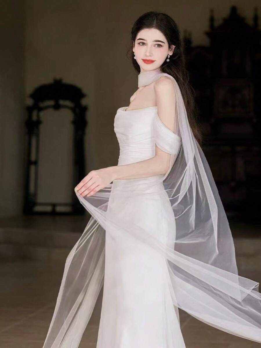 1 件优雅长款白色摄影旅行和婚礼摄影披肩围巾，新娘面纱配饰，适合万圣节、正式场合、圣诞秋季女士服装