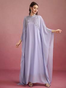 女式立领纯色优雅长款阿拉伯风格连衣裙，饰有重珠和水钻，端庄的阿巴雅