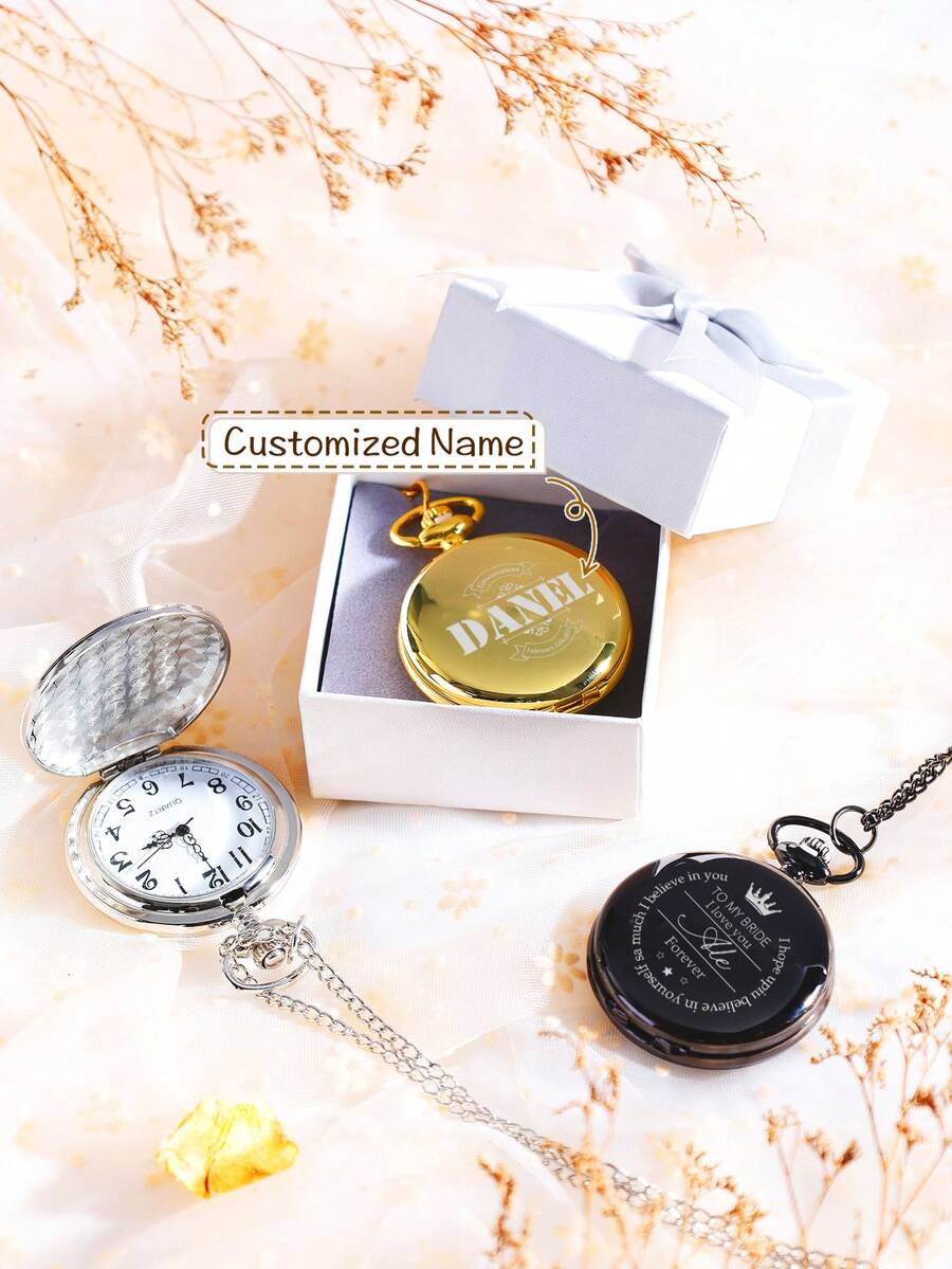 Customized Personalized Pocket Watch, Groomsman Gift, Pocket Watch With Chain, Wedding Party Gift, Groomsman Pocket Watch, Colorful, Cute, Adorable, Fun, Kawaii, Y2K Style, Fashionable, Unisex, Casual Versatile, Customized, Personalized, One-Of-A-Kind, Ideal Gift For Him, Ideal Gift For Her, Gift For Boyfriend, Gift For Girlfriend, Gift For Family, Gift For Friends - Multicolor - View 1